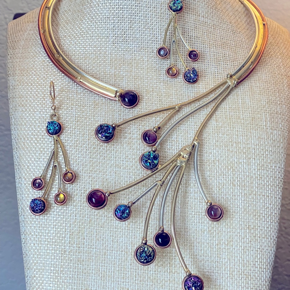 Tara Mesa Mystic Topaz & Rainbow Druzy collar necklace & earrings set